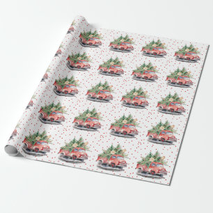Papier Cadeau Camion rouge vintage avec sapin de Noël