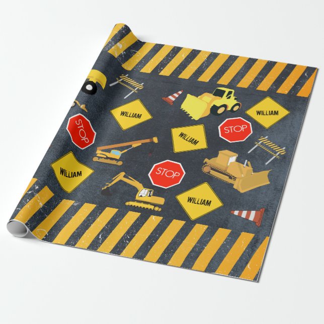 Papier Cadeau Camions de construction Machines lourdes Nom du ga (Déroulé)