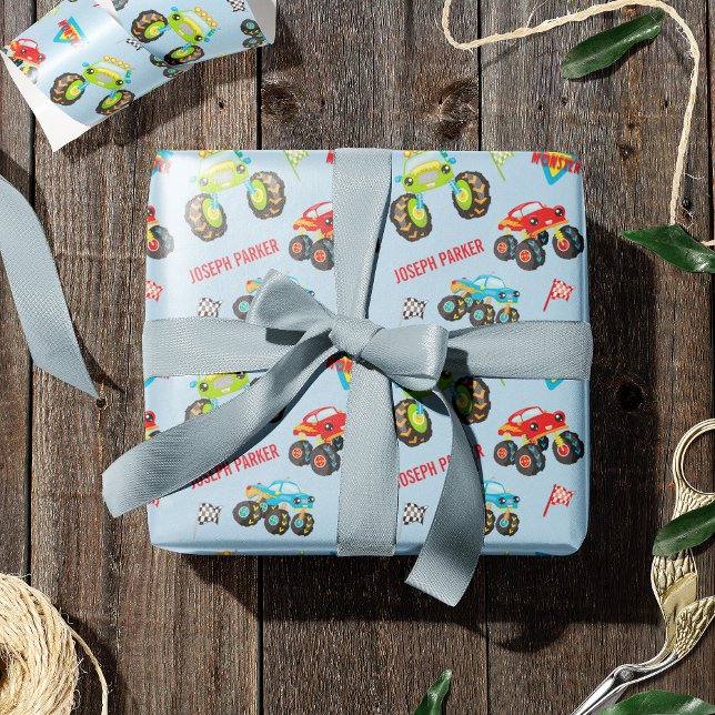 Papier Cadeau Camions Monster Petit Garçon Coloré avec prénom (Créateur téléchargé)