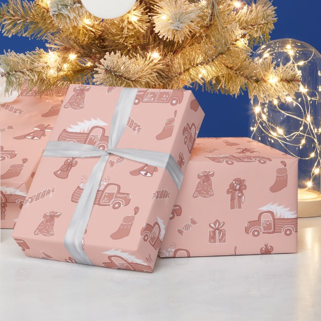 Papier Cadeau Camions Rose en or Blush Noël mignon (Vacances)