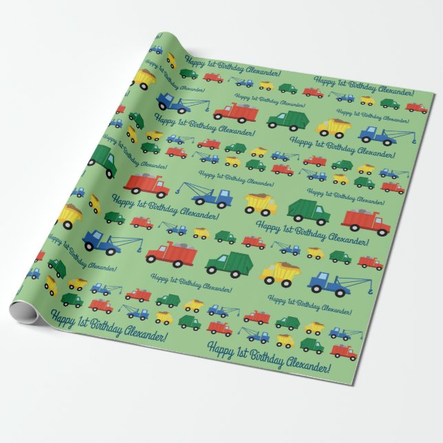 Papier Cadeau Camions Voitures Cute 1er Anniversaire Thème de fê (Déroulé)