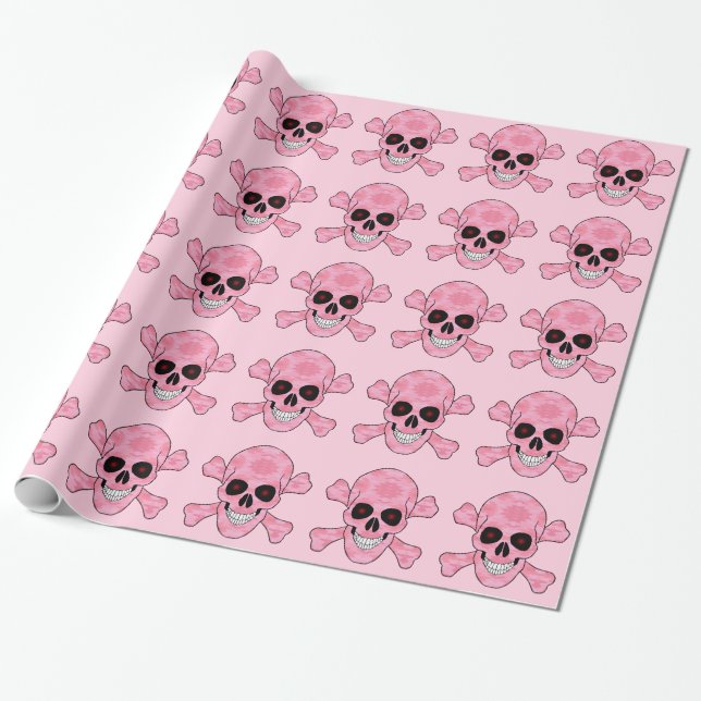 Papier Cadeau Camo rose Crâne Oeil rouge Crossbones enveloppant  (Déroulé)