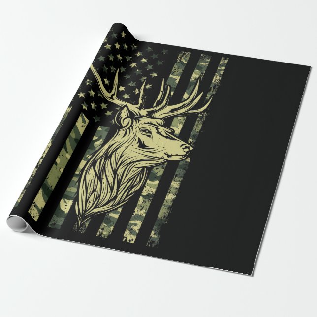 Papier Cadeau Camo US Drapeau Deer Elk Buck Camoflage Chasse (Déroulé)