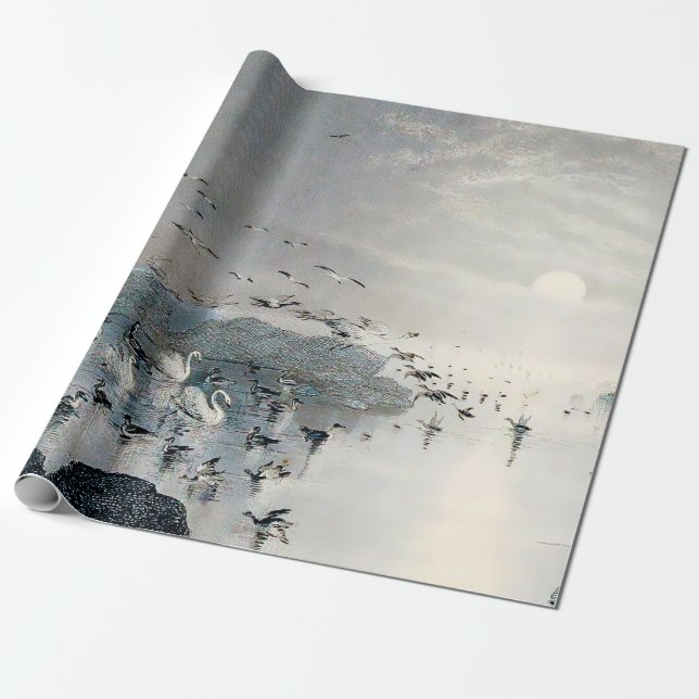 Papier Cadeau Canards, colverts et cygnes sur le lac au coucher  (Déroulé)