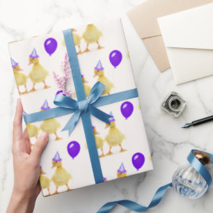 Papier Cadeau Canards d'anniversaire avec ballons violets