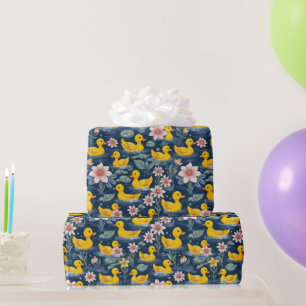 Papier Cadeau Canards En Caoutchouc Jaune Classique Avec Fleurs 