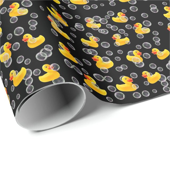 Papier Cadeau Canards en caoutchouc jaune en bulles (Coin rond)
