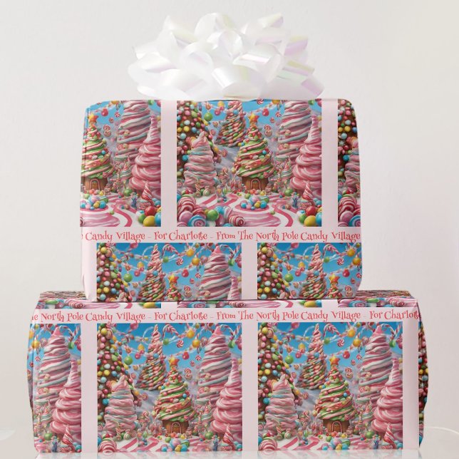 Papier Cadeau Candy Village Ajouter Nom de la fille Noël rose (Créateur téléchargé)