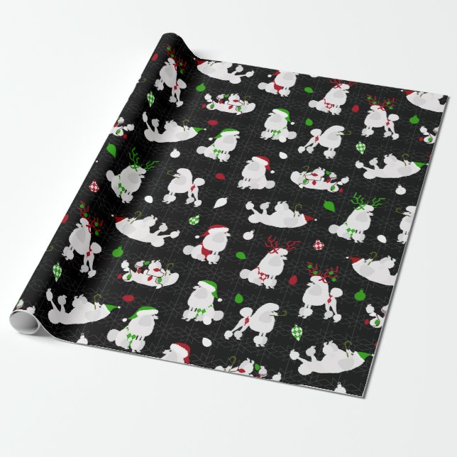 Papier Cadeau Caniche de Noël blanc Noir (Déroulé)