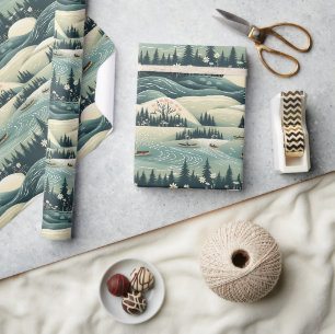 Papier Cadeau Canoë Voyage et rivière Flux Plumes Design Motif