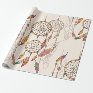 Papier Cadeau Capteur de rêve bohème avec perles et plumes, se