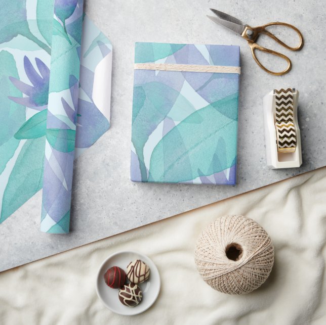 Papier Cadeau Caraibes bleu vert Aquarelle Fleurs d'émerveilleme (Artisanat)