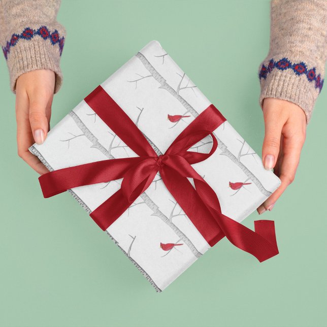 Papier Cadeau Cardinal rouge dans le bouleau d'hiver (Simple red cardinal holiday gift wrap with winter birch tree)