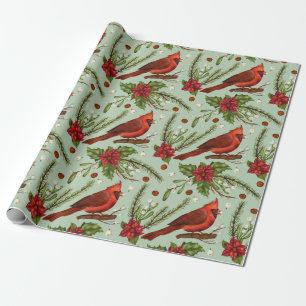 Papier Cadeau Cardinal rouge de Noël, Poinsettia, Berries