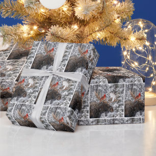 Papier Cadeau Cardinal rouge de Noël sur des bois de orignal enn