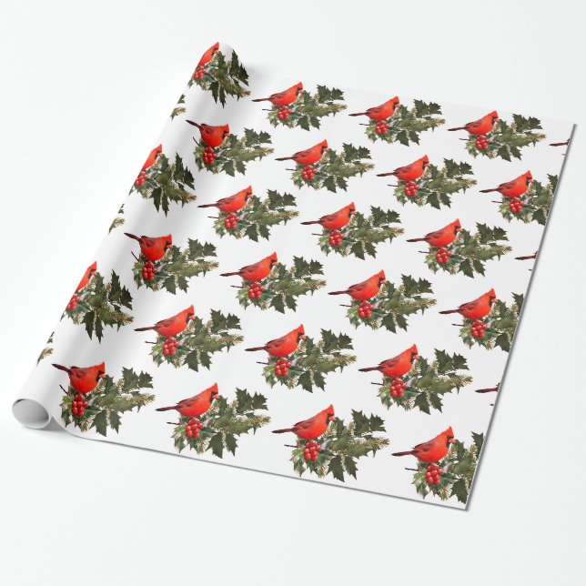 Papier Cadeau Cardinal sur le papier d'enveloppement Holly (Déroulé)