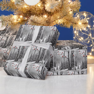 Papier Cadeau Cardinaux de Noël en forêt d'hiver