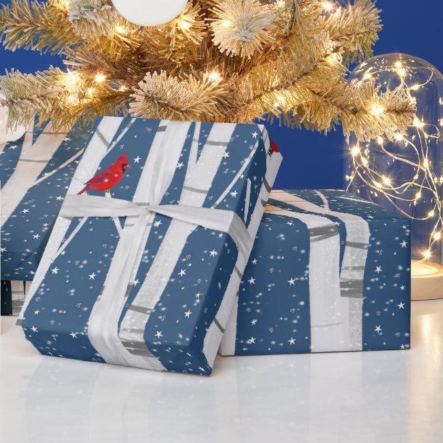 Papier Cadeau Cardinaux et Chouettes neigeuses sur bouleau (Vacances)