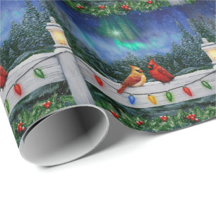 Papier Cadeau Cardinaux et lumières de Noël Neige d'hiver