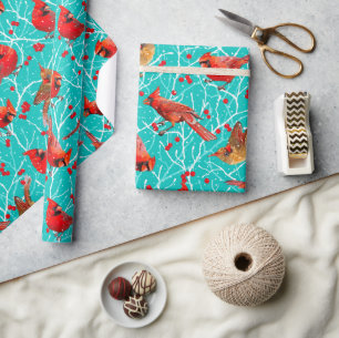 Papier Cadeau Cardinaux neigeux Baies d'hiver Noël/Cyan profond