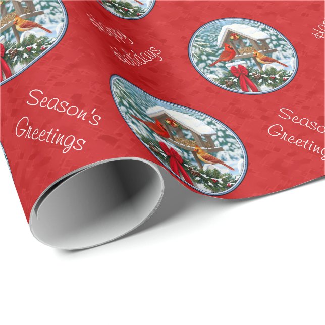 Papier Cadeau Cardinaux Noël Birdfeeder Rouge (Coin rond)