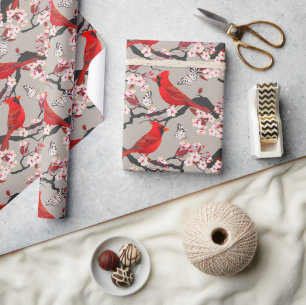 Papier Cadeau Cardinaux rouges en fleurs de cerisiers
