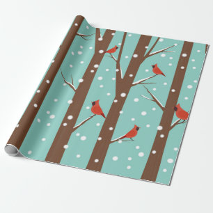 Papier Cadeau Cardinaux rouges mignons perchés sur les arbres d'