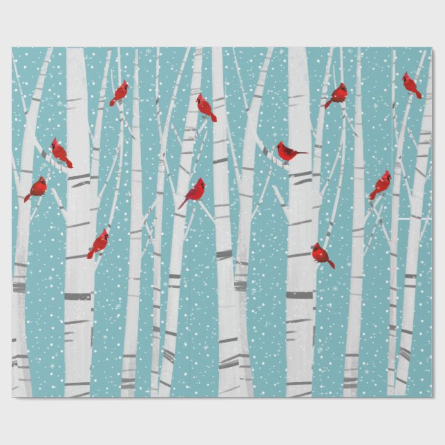 Papier Cadeau Cardinaux rouges sur bouleau blanc (Plat)