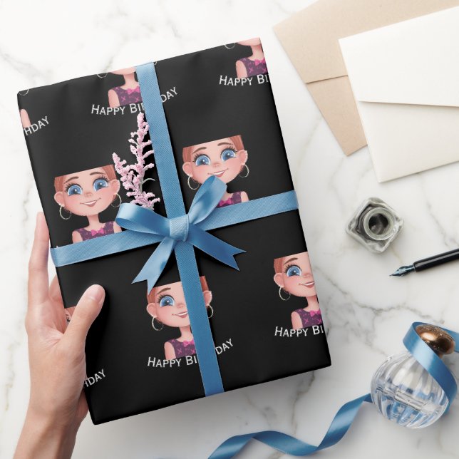 Papier Cadeau Caricature Anniversaire Fille aux grands yeux (Cadeaux)