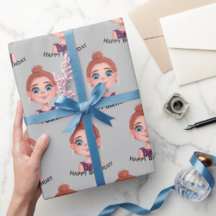 Papier Cadeau Caricature Anniversaire Fille aux grands yeux