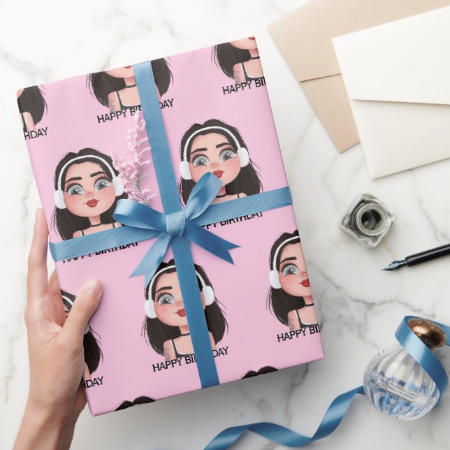 Papier Cadeau Caricature Anniversaire fille avec casque (Cadeaux)