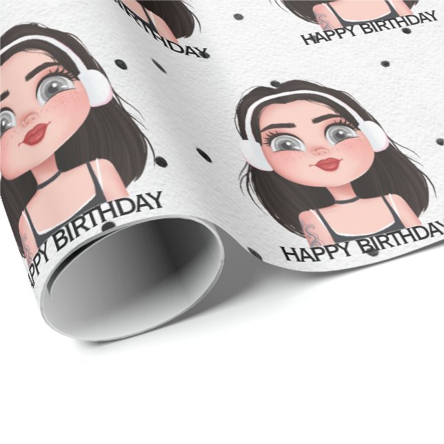 Papier Cadeau Caricature Anniversaire fille avec casque (Coin rond)
