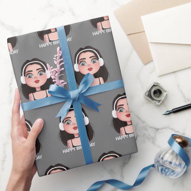 Papier Cadeau Caricature Anniversaire fille avec casque (Cadeaux)