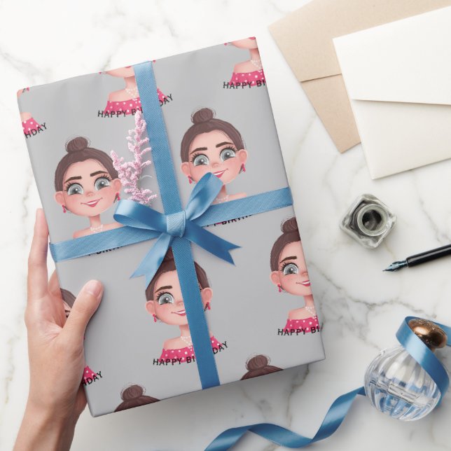 Papier Cadeau Caricature Anniversaire Fille Sur Grey (Cadeaux)