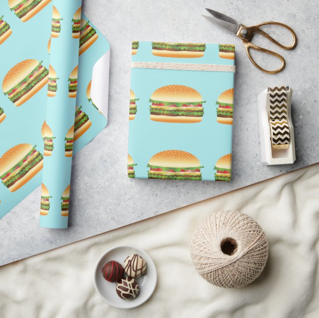 Papier Cadeau Caricature De Hamburger Motif Illustré Sur Bleu (Artisanat)