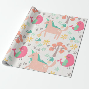 Papier Cadeau Caricature mignonne licorne et motif d'oiseaux