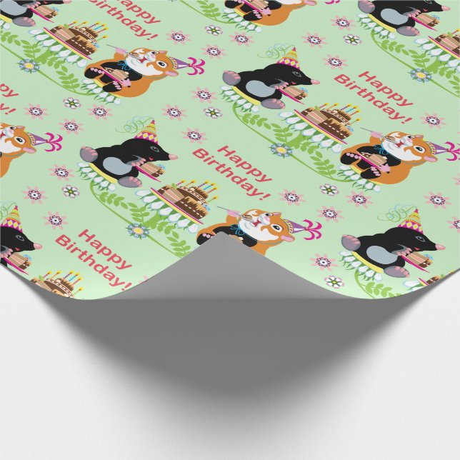 Papier Cadeau caricature mole et hamster . Joyeux anniversaire ! (Coin)