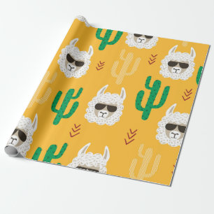 Papier Cadeau Caricature sans couture llama et motif de cactus e