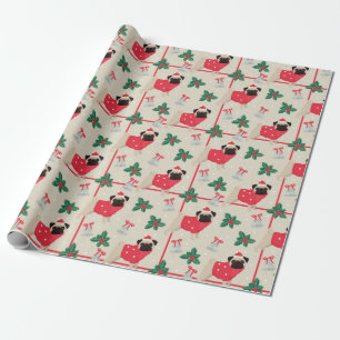 Papier Cadeau Carlin Chien portant le chandail et Noël Santa Hat