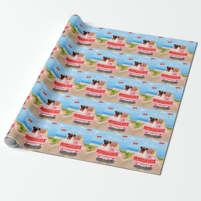 Papier Cadeau Carlin Chien Saint-Valentin Coeurs de camion (Déroulé)