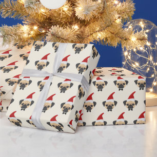 Papier Cadeau Carlin mignon avec Santa Hat Motif Noël