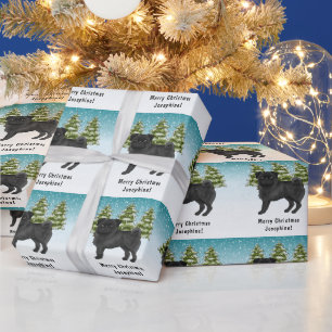 Papier Cadeau Carlin noir mignon caricature Chien Snowy Winter F