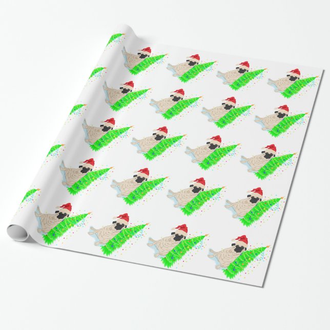 Papier Cadeau Carlin Red Santa Chapeau vert sapin de Noël (Déroulé)