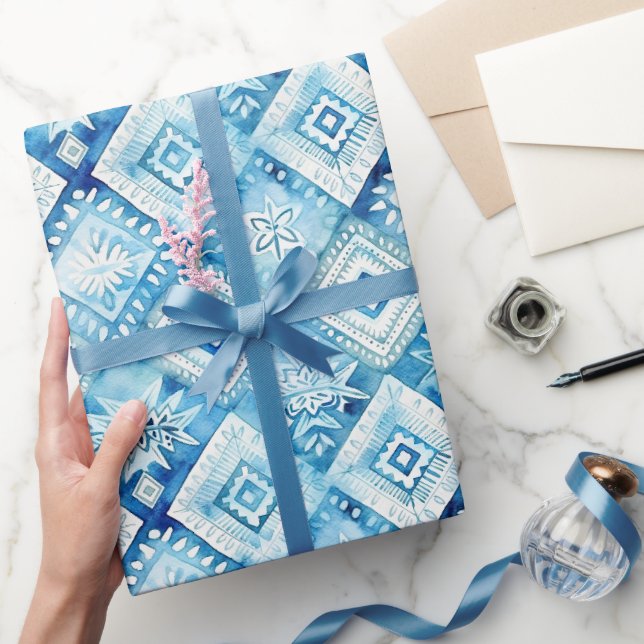 Papier Cadeau Carré Floral Blanc Bleu Baby Shower (Cadeaux)