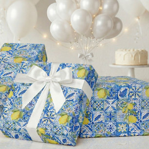 Papier Cadeau Carreau bleu motif provençal français au citron