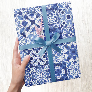 Papier Cadeau Carreaux Bleus Bleu Méditerranéen Motif Aquarelle