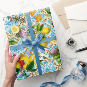 Papier Cadeau Carreaux Bleus Motif Méditerranéen