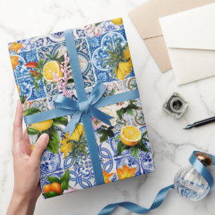 Papier Cadeau Carreaux Bleus Motif Méditerranéen