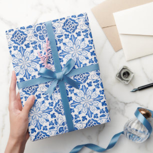 Papier Cadeau Carreaux Portugais Floral Bleu Méditerranéen