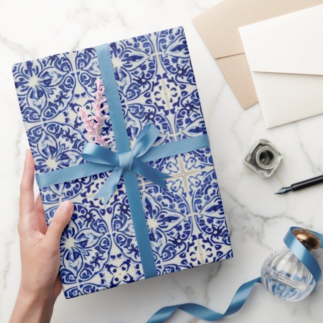 Papier Cadeau Carrelage bleu peint - Cour méditerranéenne (Cadeaux)